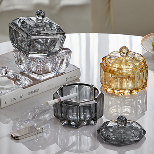 雅港水晶玻璃带盖烟灰缸家用客厅烟缸创意高级感防灰飞办公室摆件