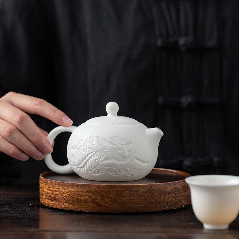 羊脂玉白瓷浮雕龙西施壶陶瓷茶壶泡茶功夫茶具大容量单壶家用送礼