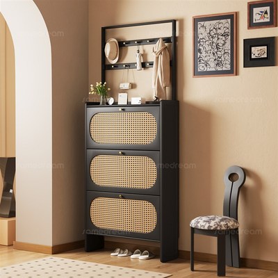 三梦实木鞋柜超薄家用门口入户门鞋柜挂衣架一体中古风窄翻斗靠墙