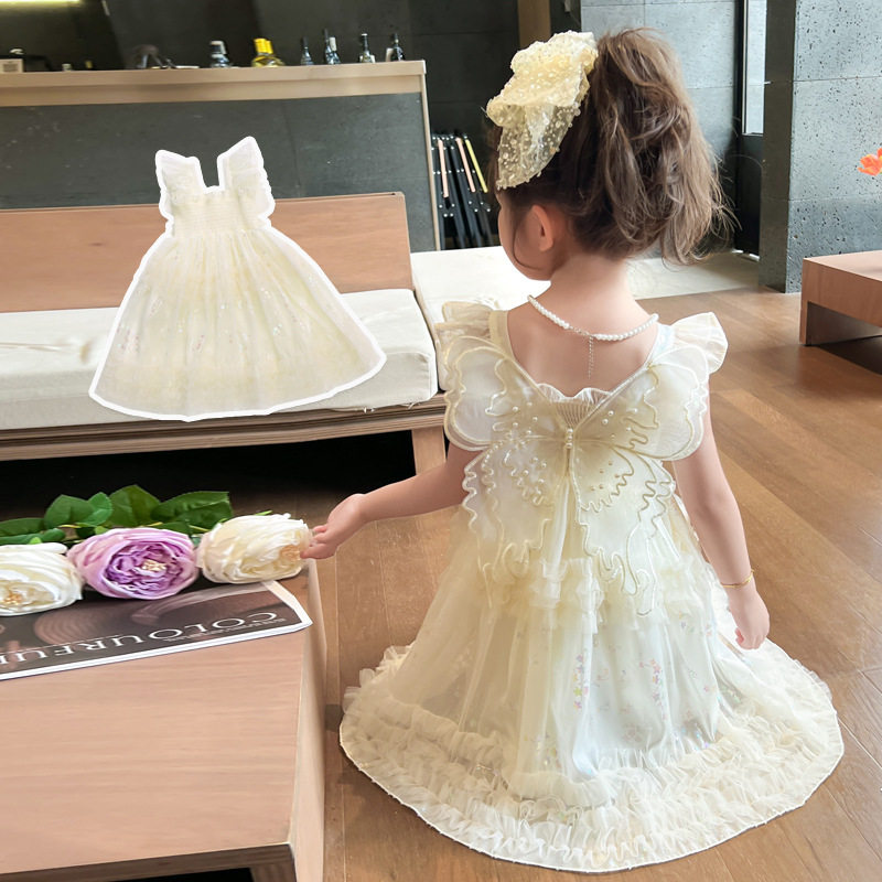 2026新款女童连衣裙吊带米白色婚纱夏季礼服无袖公主裙女孩蓬蓬纱
