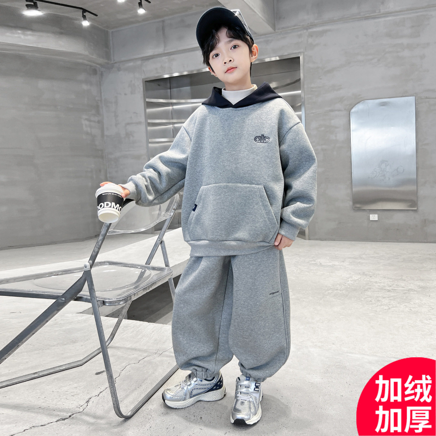 2026新款男童加绒加厚卫衣套装秋冬款冬季中大儿童装连帽运动