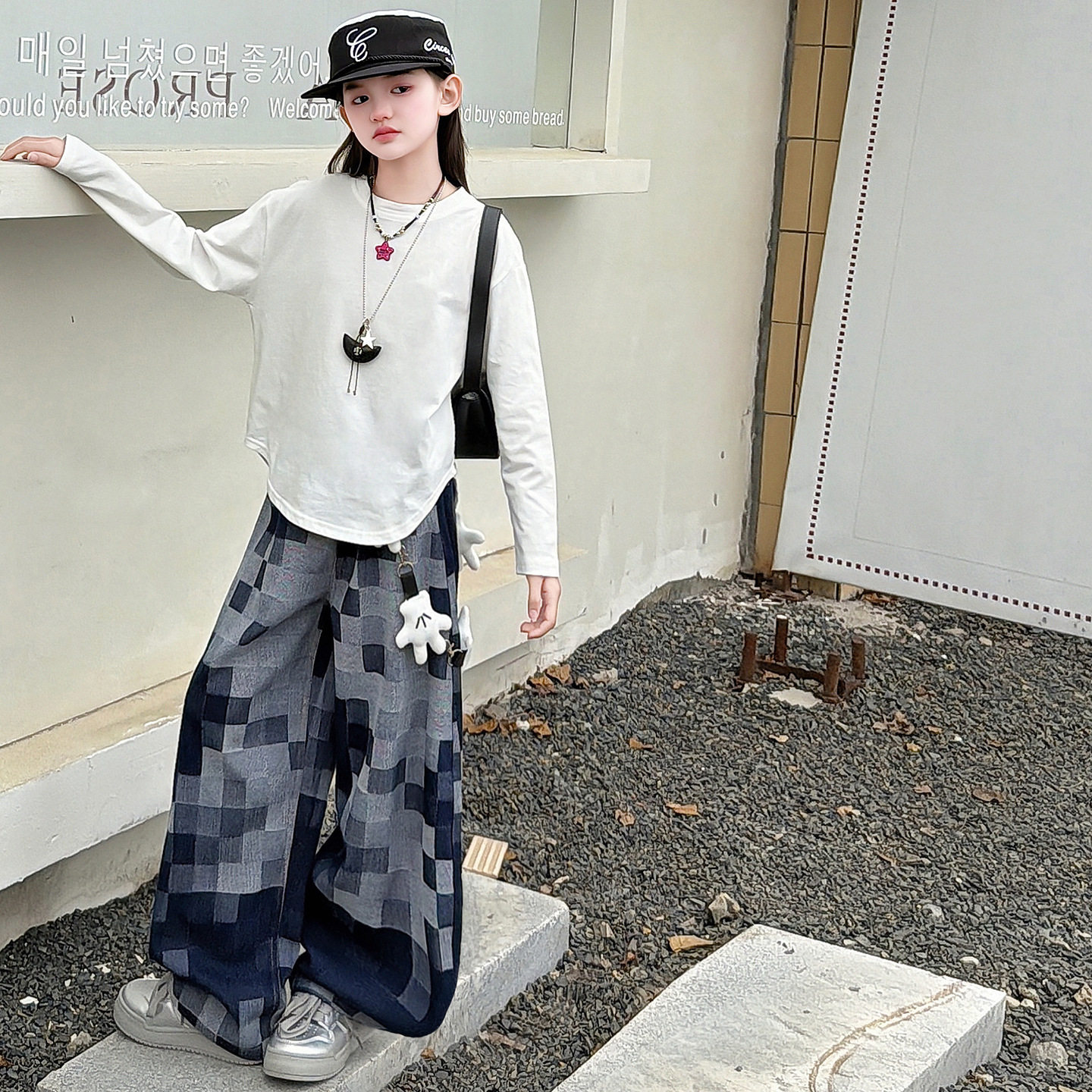 2026新款女童格子裤套装春季中大童韩版时髦百搭长袖T恤儿童两件