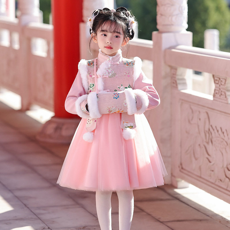 2025新款女童冬季连衣裙儿童加绒加厚过年喜庆旗袍国风汉服宝