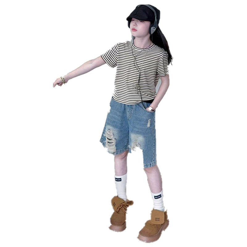 2026新款女童夏装短袖套装中大童薄款夏季女孩洋气牛仔短裤两件套