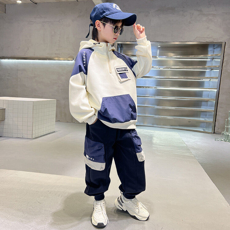 2026新款男童加绒套装大儿童装运动休闲拼色连帽卫衣两件套春