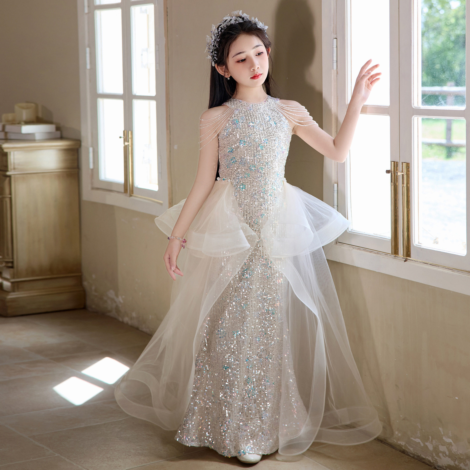2026新款儿童礼服公主裙女童主持人晚礼服绝美人鱼鱼尾儿童走秀钢