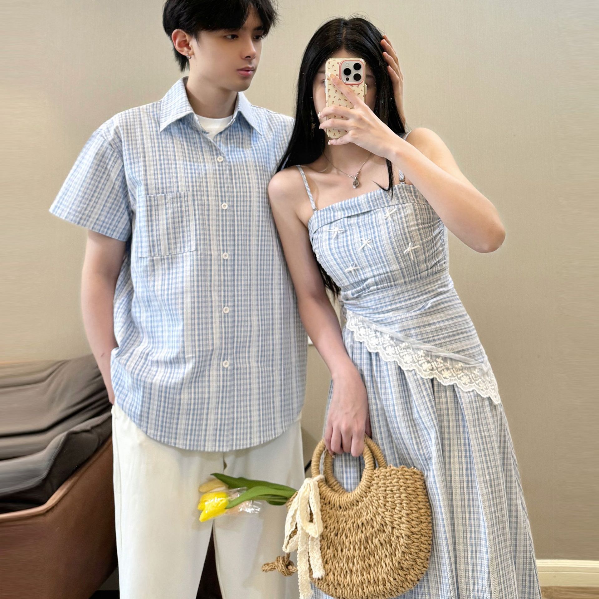 2026新款夏季新品小清新情侣装短袖男衬衫女吊带多穿海边沙滩装连