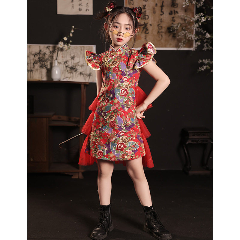 2026新款女童旗袍国潮风红色改良春秋儿童走秀潮服模特T台演出服