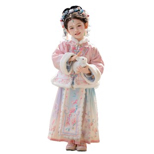 2025新款汉服女童冬加厚套装新中式马年新品加绒粉色新年宝宝