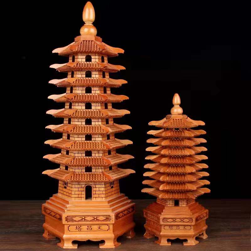 桃木文昌塔摆件9层13层六边形木质雕刻工艺品九 十三层文昌塔摆件 - 实物图