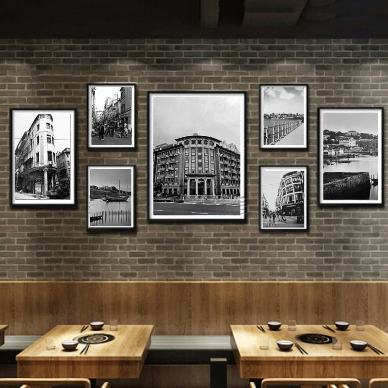 老厦门餐厅小吃店挂画复古怀旧墙壁画饭店墙面装饰黑白照片装饰画