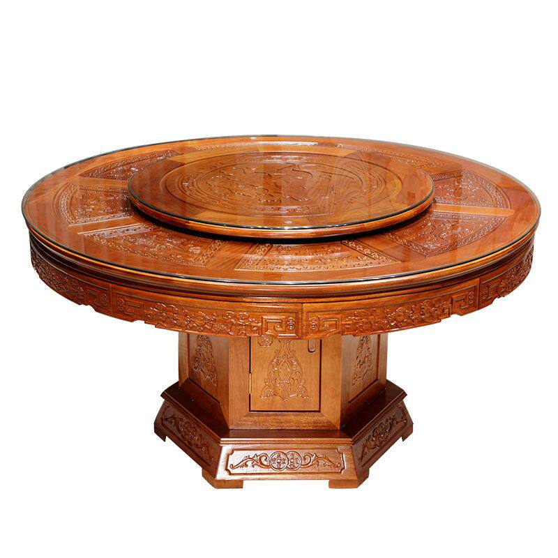 菠萝格仿古雕花饭桌子加厚8人10人12人高档实木圆桌转盘酒店中式