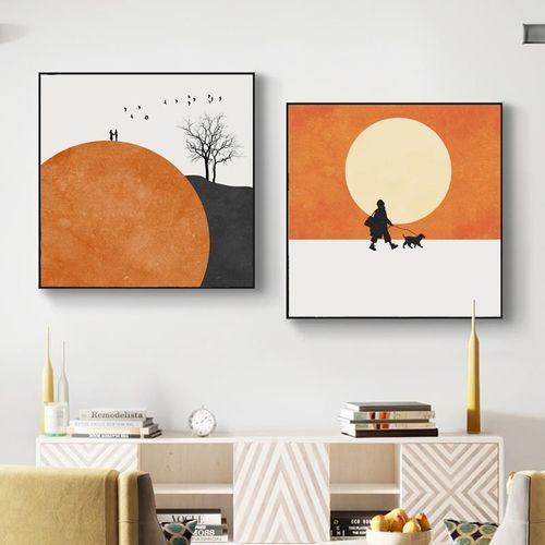 太阳日月星辰橙色装饰画卧室玄关饭店餐厅抽象人物几何正方形挂画