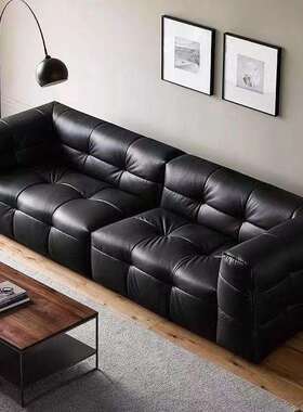 意式简约双人黑色皮沙发小户型客厅现代简约直排猫爪皮沙发组合