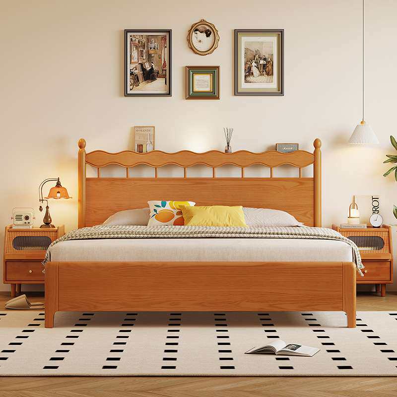 白蜡木1米5的床小户型实木床架美式床复古床主卧樱桃木色床单人床