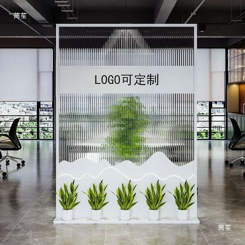 办公室logo屏风隔断公司进门玄关前台玻璃铁艺背景遮挡形象墙