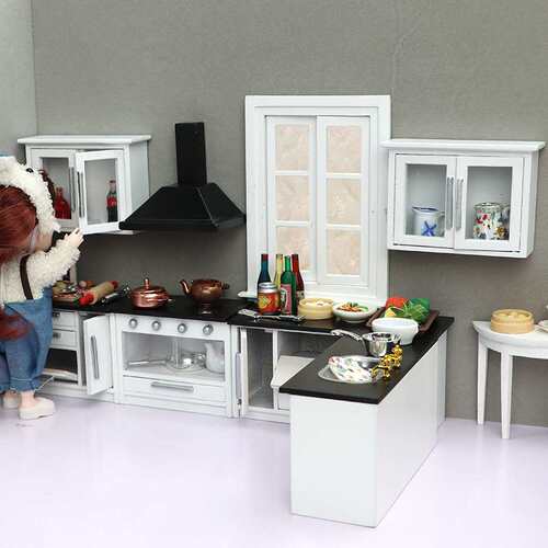 1:12娃娃屋dollhouse木质迷你家具迷你厨房场景白色厨房7件套