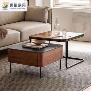 北欧风轻奢实木茶几岩板个性重叠茶桌木小户型客厅铁艺方形茶几