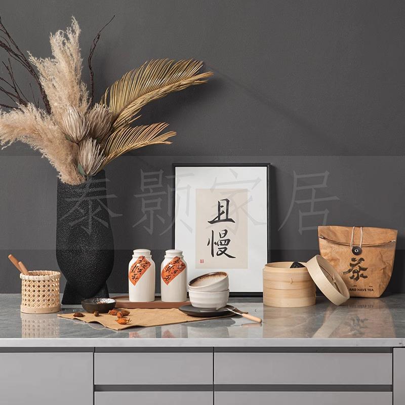 中式样板间厨房装饰品组合橱柜展厅软装摆件花瓶花艺蒸笼婉具挂画