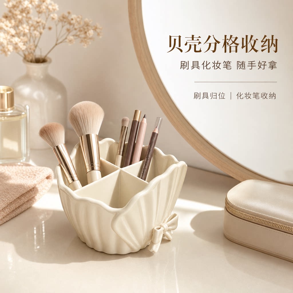 蝴蝶结花边贝壳四分格收纳盒摆件