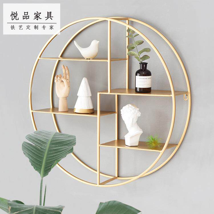 铁艺墙上置物架居家圆形金色壁挂北欧奶茶店壁挂多层搁板展示架