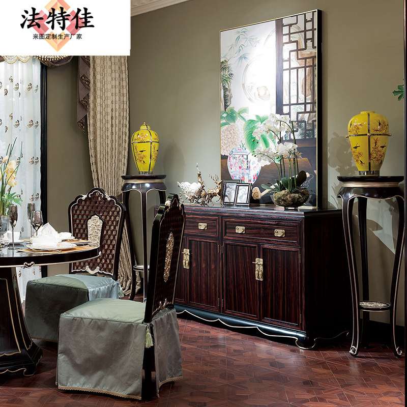 新中式餐厅家具 实木雕花大户型厅柜 玄关柜 别墅餐边柜