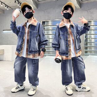 男童春装牛仔套装2026新款春秋季男孩痞帅外套裤子两件套拼接潮款