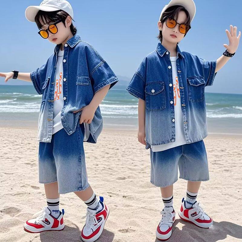 男童夏装套装2026新款儿童装牛仔短袖短裤衬衫男孩夏季薄款衣服潮