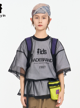 memoryin童装短袖上衣两个小朋友圆领字母印花网纱针织双层T恤