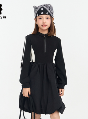 memoryintw童装连衣裙两个小朋友立领拉链撞色花苞裙摆长袖连衣裙