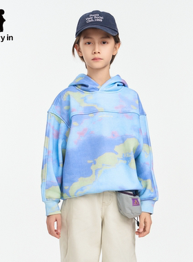 memoryin童装卫衣两个小朋友扎染撞色宽松落肩字母印花连帽卫衣