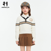 memoryin童装 毛衣两个小朋友复古学院风刺绣撞色包边V领毛织衫