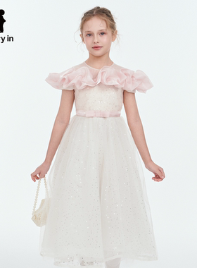 memoryin童装连衣裙两个小朋友撞色拼接蕾丝重工珠片网纱公主裙