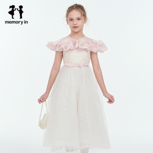 memoryin童装连衣裙两个小朋友撞色拼接蕾丝重工珠片网纱公主裙