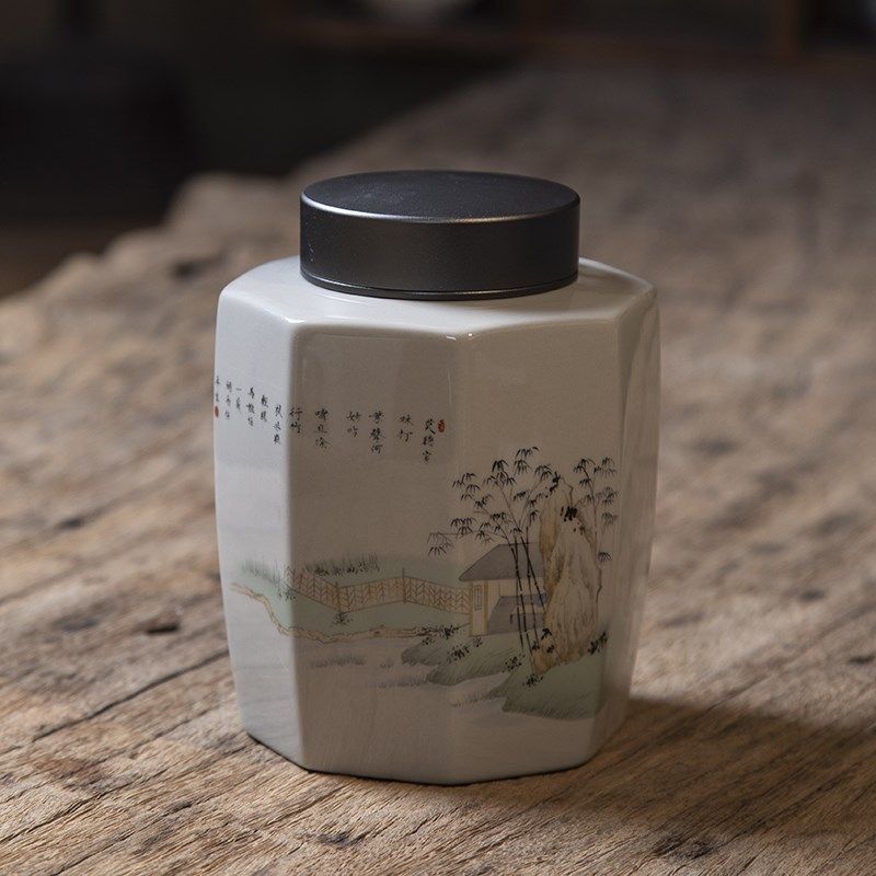 寒舍复古陶瓷茶叶罐草木灰蜜色釉八角罐家用防潮存储密封罐礼盒装