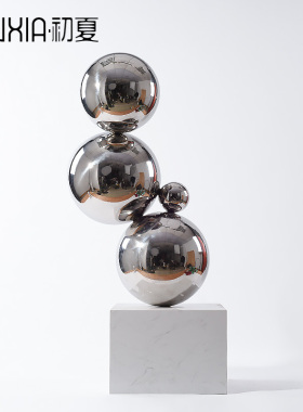 不锈钢球落地雕塑售楼处酒店玄关样板房间现代金属大理石软装摆件