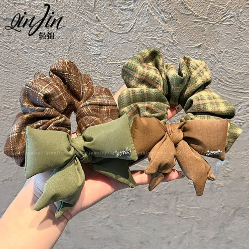 韩系格纹蝴蝶结大肠发圈新款