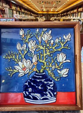 高两河手绘立体浮雕瓷板画陶瓷托盘茶盘花卉花鸟茶托盘瓷板画非遗
