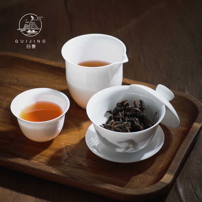 归景丨独饮丨单人喝茶茶具盖碗茶杯公道杯套装潮州骨瓷泡茶三件套