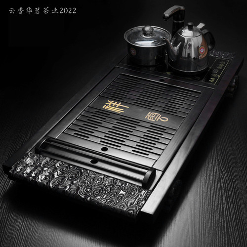 实木杯架一体茶盘 功夫茶具排水储水抽屉式茶台茶海 四合一电磁炉