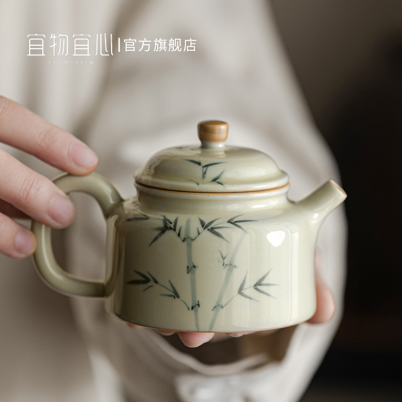 中式手绘竹子德钟壶陶瓷家用功夫茶具小型泡茶壶高端茶杯套装一人