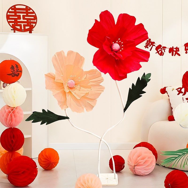 立柱花朵纸花仿真花婚房装饰结婚客厅摆件浪漫婚礼迎宾道具高级感
