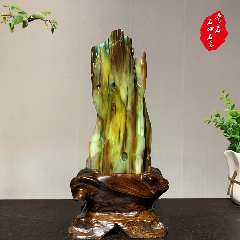 缅甸天然树化玉绿料木化石玉石石头奇石观赏石办公 摆件送礼佳品