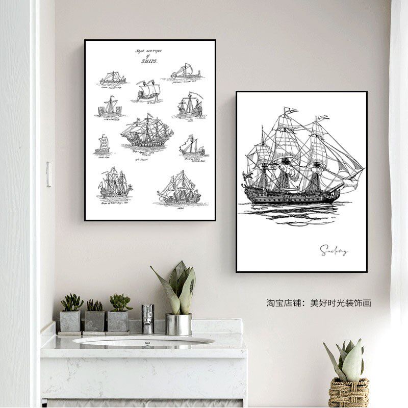极简风装饰画黑白帆船抽象挂画高级感客餐厅沙发背景办公室墙壁画,家居饰品,现代装饰画,淘宝优惠券,粉丝福利购,淘宝优惠卷