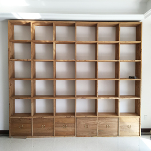 定制老榆木书架书柜纯实木原木格子架满墙书架漫咖啡隔断落地置物