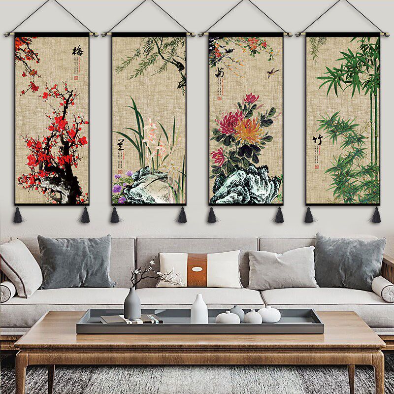 中式梅兰竹菊挂画布艺餐厅茶室装饰画民宿过道挂毯休息室布画定制