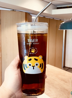玻璃吸管杯大容量耐高温办公室刻度水杯女带盖咖啡杯子750ml茶杯