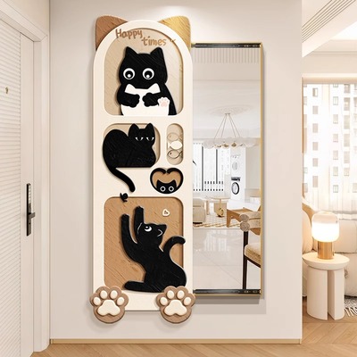 奶油风猫咪入户玄关挂画隐藏可式推拉全身穿衣镜装饰画卧室墙壁画