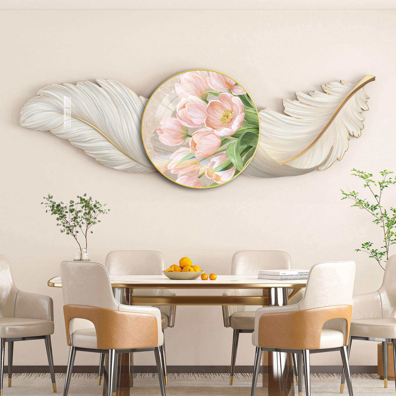 现代轻奢创意羽毛餐厅装饰画组合雕刻画床头沙发背景挂画