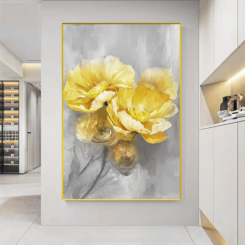 花开富贵金色牡丹油画玄关客厅餐厅高级感挂画沙发卧室床头装饰画
